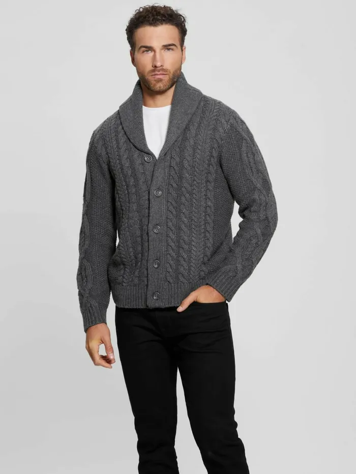 GUESS Shane Celtic CableKnit Cardigan Dark Coal Heather Men Hoodies and Sweaters GUESS Shane Celtic CableKnit Cardigan Dark Coal Heather Men Hoodies and Sweaters