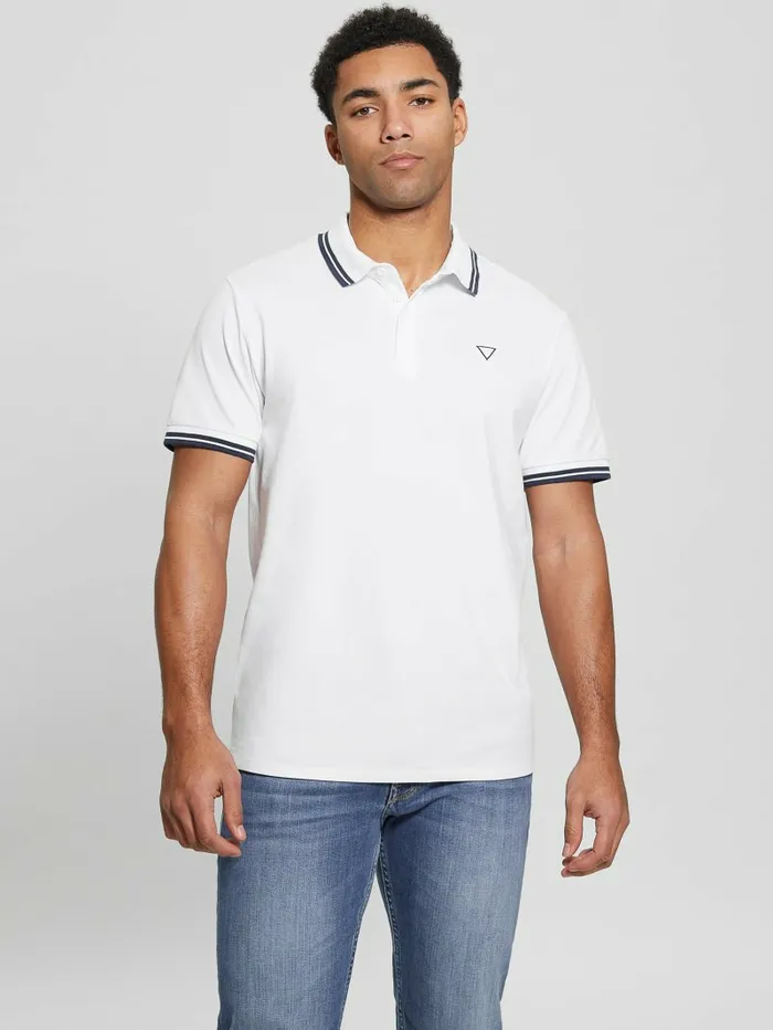 GUESS Sports Pique Polo Pure White Multi Men Shirts