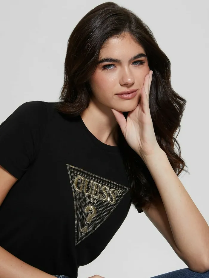 GUESS Tops Women Eco MultiTone Sequin Logo Tee Black