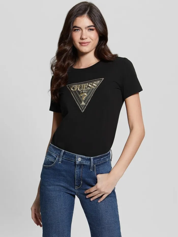 GUESS Tops Women Eco MultiTone Sequin Logo Tee Black GUESS Tops Women Eco MultiTone Sequin Logo Tee Black