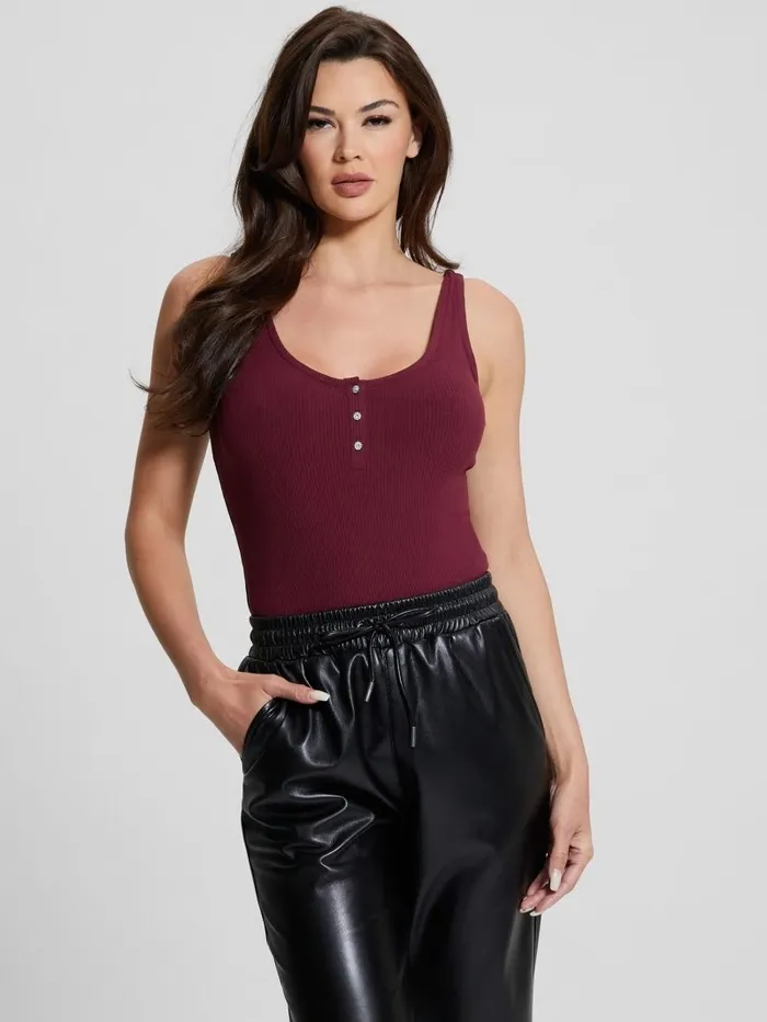 GUESS Tops Women Karlee Jewel Button Bodysuit Mystic Wine GUESS Tops Women Karlee Jewel Button Bodysuit Mystic Wine