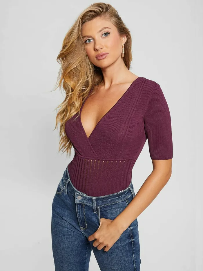GUESS Tops Women Soft Bandage VNeck Top Black Cherry