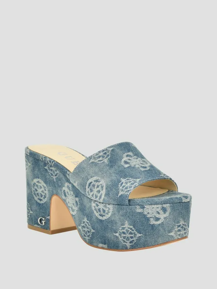 GUESS Yapplea Denim Peony G Platform Mules Blue Women Heels