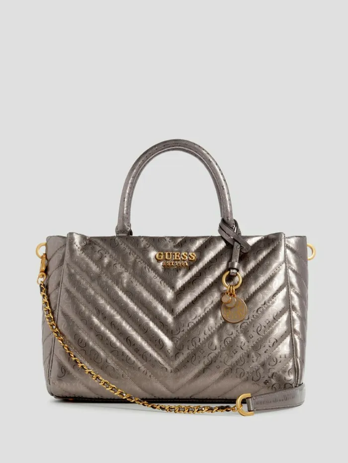 Handbags GUESS Women Jania Metallic Quilted Society Satchel Pewter