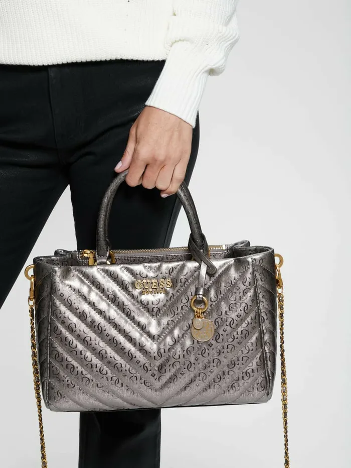 Handbags GUESS Women Jania Metallic Quilted Society Satchel Pewter Handbags GUESS Women Jania Metallic Quilted Society Satchel Pewter