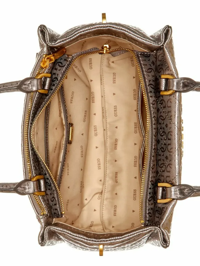 Handbags GUESS Women Jania Metallic Quilted Society Satchel Pewter Handbags GUESS Women Jania Metallic Quilted Society Satchel Pewter