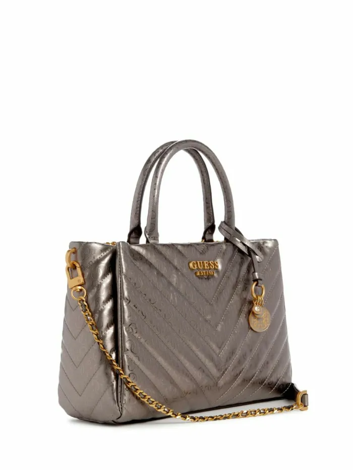 Handbags GUESS Women Jania Metallic Quilted Society Satchel Pewter Handbags GUESS Women Jania Metallic Quilted Society Satchel Pewter