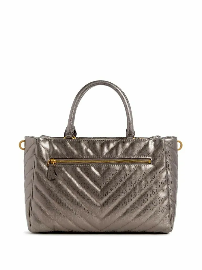 Handbags GUESS Women Jania Metallic Quilted Society Satchel Pewter Handbags GUESS Women Jania Metallic Quilted Society Satchel Pewter