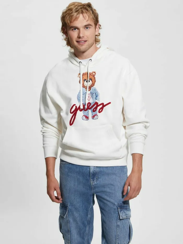 Hoodies and Sweaters Men Max Logo Bear Hoodie Salt White GUESS