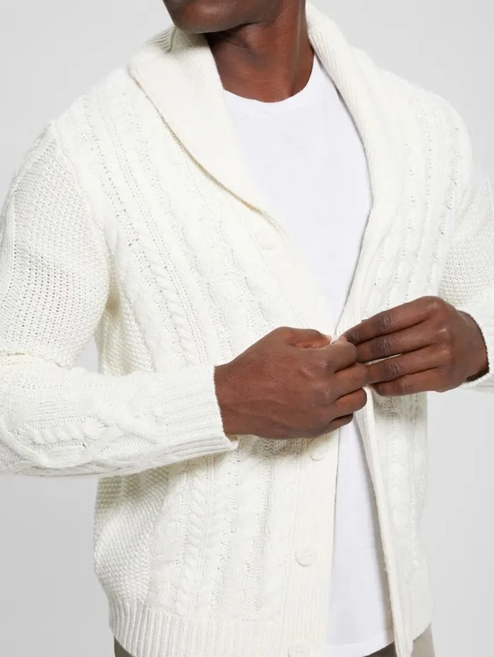 Hoodies and Sweaters Shane Celtic CableKnit Cardigan Ecru Pearl 8211 GUESS Men Hoodies and Sweaters Shane Celtic CableKnit Cardigan Ecru Pearl 8211 GUESS Men