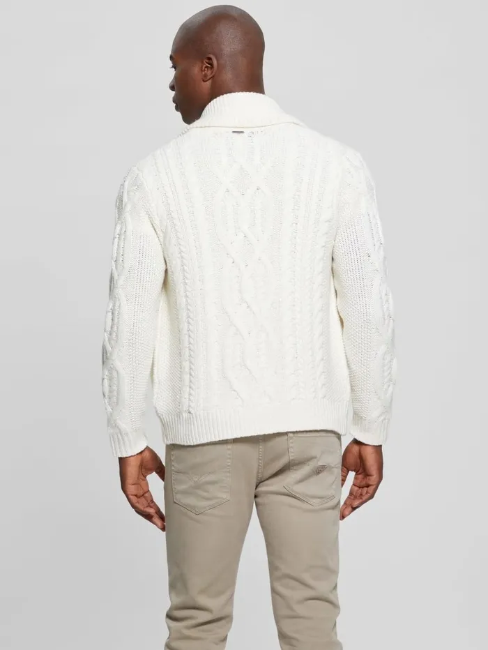 Hoodies and Sweaters Shane Celtic CableKnit Cardigan Ecru Pearl 8211 GUESS Men Hoodies and Sweaters Shane Celtic CableKnit Cardigan Ecru Pearl 8211 GUESS Men