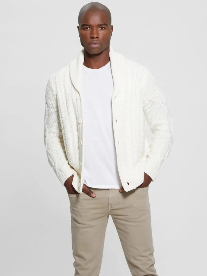 Hoodies and Sweaters Shane Celtic CableKnit Cardigan Ecru Pearl 8211 GUESS Men Hoodies and Sweaters Shane Celtic CableKnit Cardigan Ecru Pearl 8211 GUESS Men