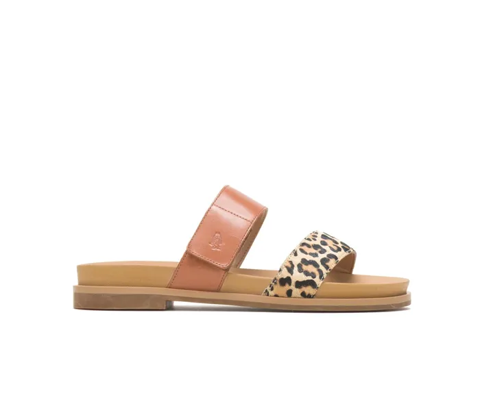 Hush Puppies Lilly 2 Band Slide Amber Brownleopard Leather Women Sandals