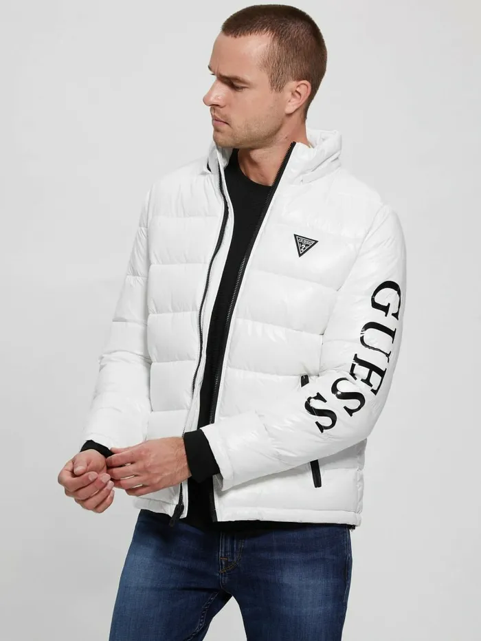 Jackets and Coats GUESS Men Anthony Logo Puffer Jacket Pure White Multi Jackets and Coats GUESS Men Anthony Logo Puffer Jacket Pure White Multi