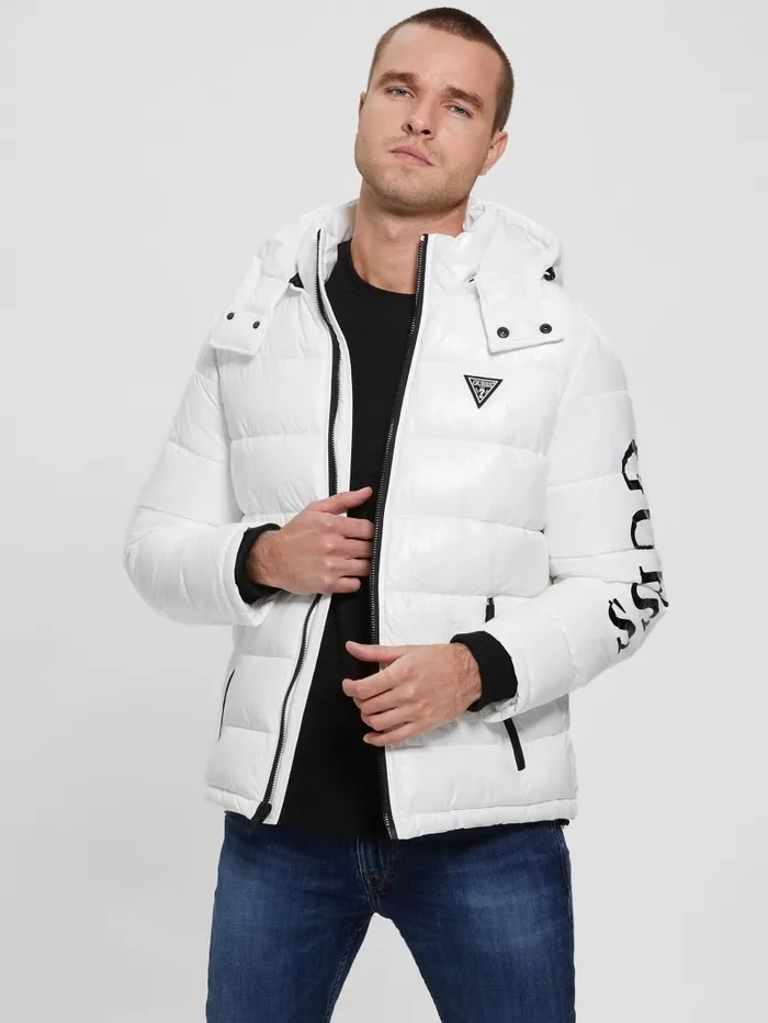 Jackets and Coats GUESS Men Anthony Logo Puffer Jacket Pure White Multi Jackets and Coats GUESS Men Anthony Logo Puffer Jacket Pure White Multi