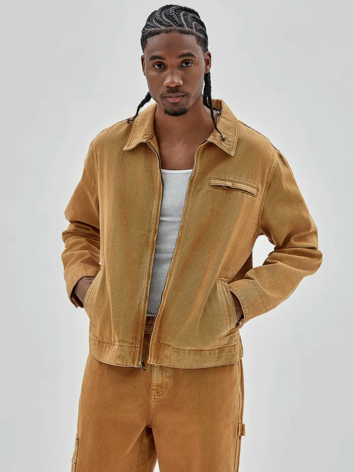 Jackets and Coats GUESS Originals Aged Denim Work Jacket Go Vintage Tan Wash GUESS Men Jackets and Coats GUESS Originals Aged Denim Work Jacket Go Vintage Tan Wash GUESS Men