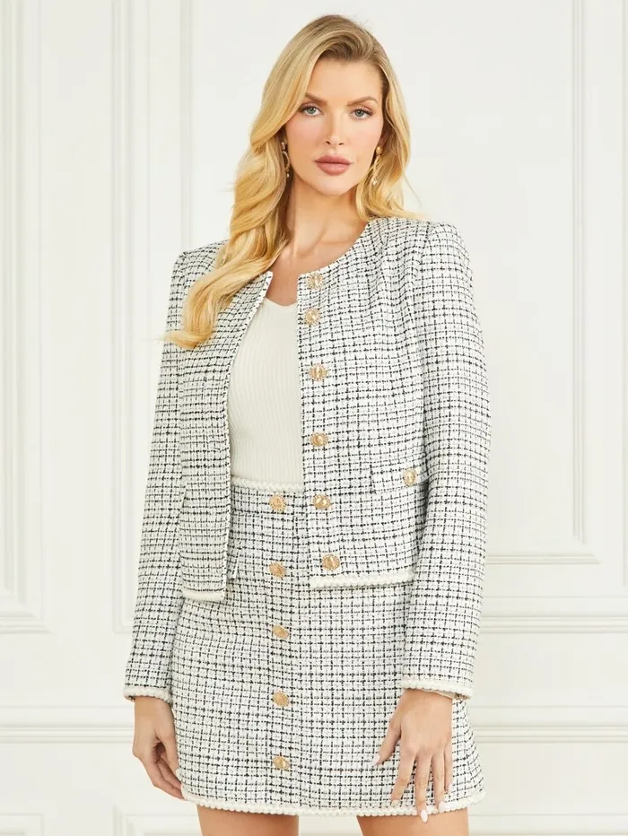 Jackets and Coats GUESS Women Provence Tweed Blazer White And Black Tweed Jackets and Coats GUESS Women Provence Tweed Blazer White And Black Tweed