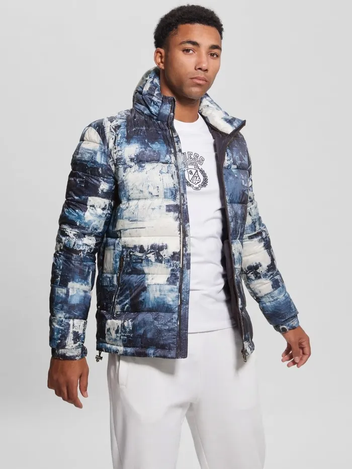 Jackets and Coats Men Eco UltraLightweight Puffer Jacket Blue Paint Aop Print GUESS Jackets and Coats Men Eco UltraLightweight Puffer Jacket Blue Paint Aop Print GUESS
