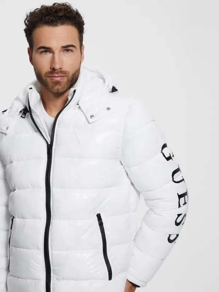 Jackets and Coats Men Shiny Hooded Puffer Jacket Pure White GUESS