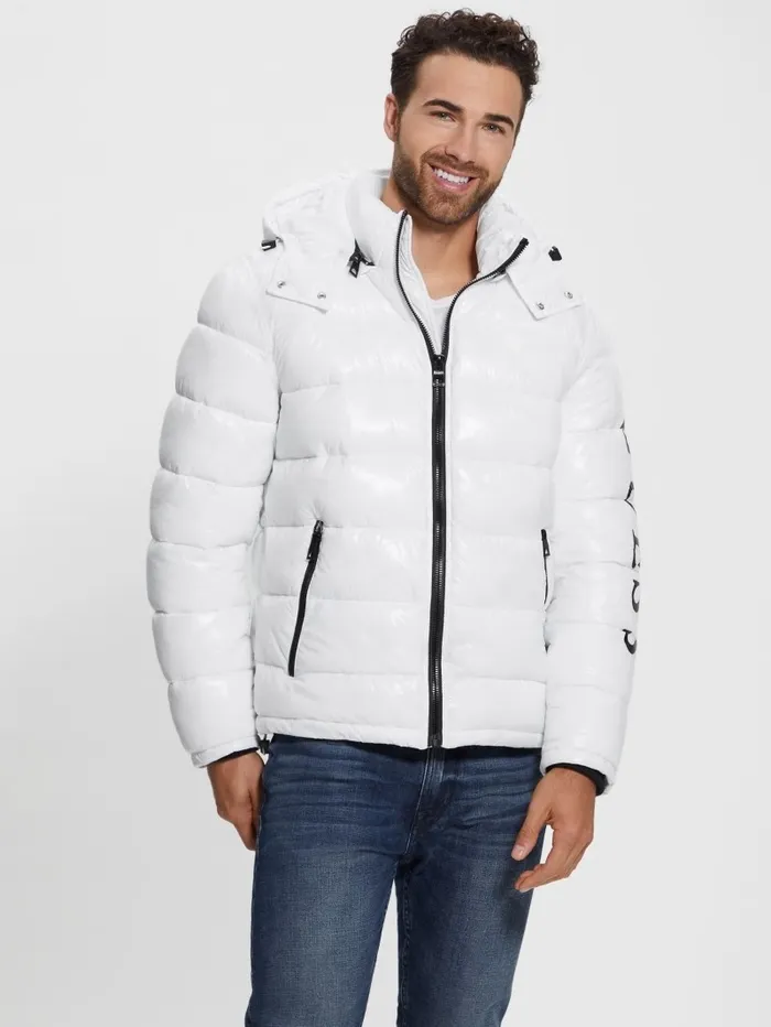 Jackets and Coats Men Shiny Hooded Puffer Jacket Pure White GUESS