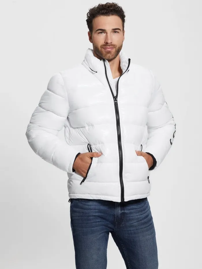 Jackets and Coats Men Shiny Hooded Puffer Jacket Pure White GUESS