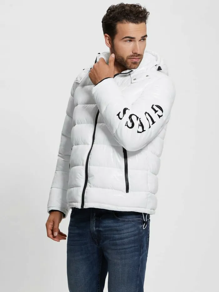 Jackets and Coats Men Shiny Hooded Puffer Jacket Pure White GUESS