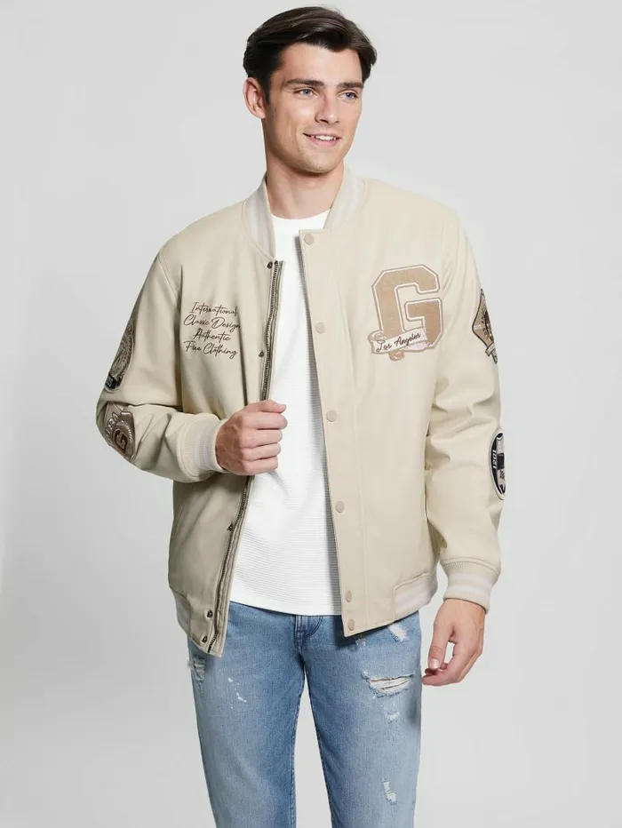 Jackets and Coats Varsity FauxLeather Flight Jacket Quicksand GUESS Men Jackets and Coats Varsity FauxLeather Flight Jacket Quicksand GUESS Men