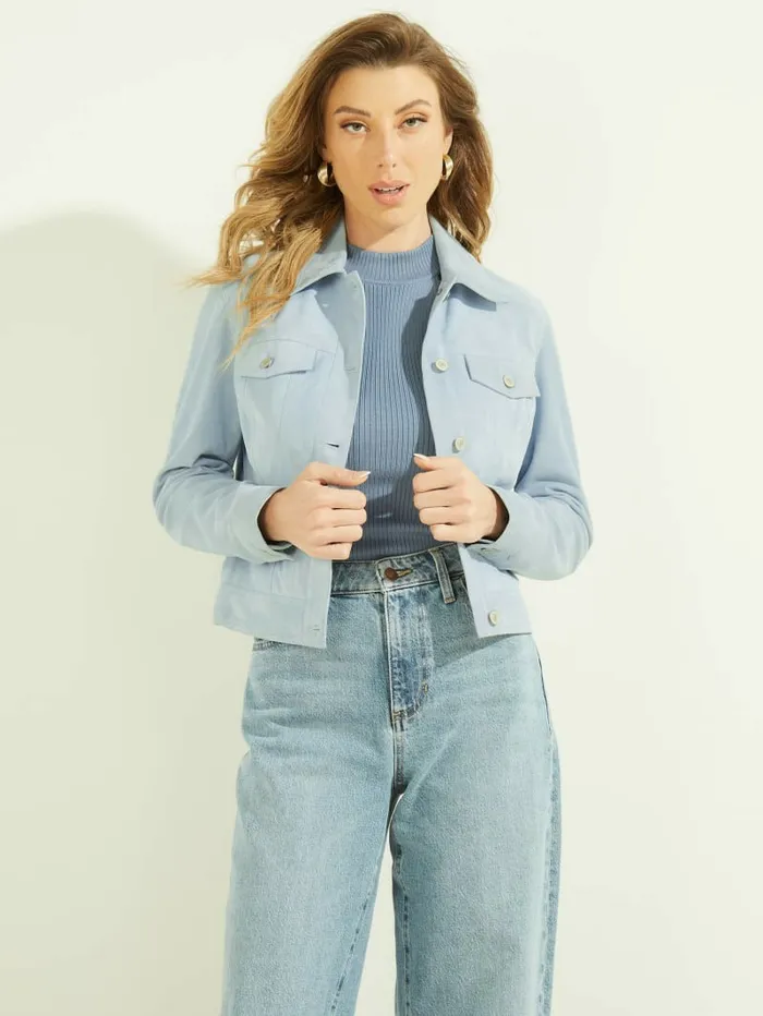 Jackets and Coats Women GUESS Rita Suede Leather Trucker Jacket Coronado Blue