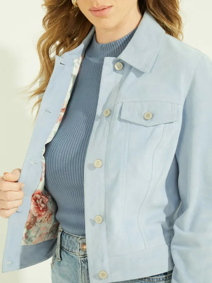 Jackets and Coats Women GUESS Rita Suede Leather Trucker Jacket Coronado Blue Jackets and Coats Women GUESS Rita Suede Leather Trucker Jacket Coronado Blue