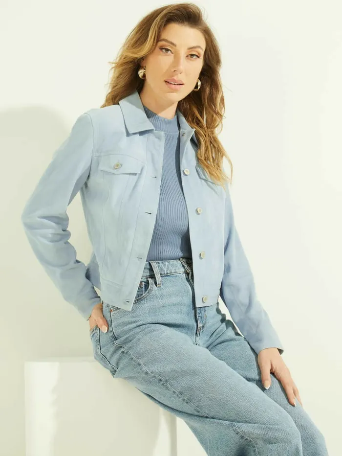 Jackets and Coats Women GUESS Rita Suede Leather Trucker Jacket Coronado Blue Jackets and Coats Women GUESS Rita Suede Leather Trucker Jacket Coronado Blue