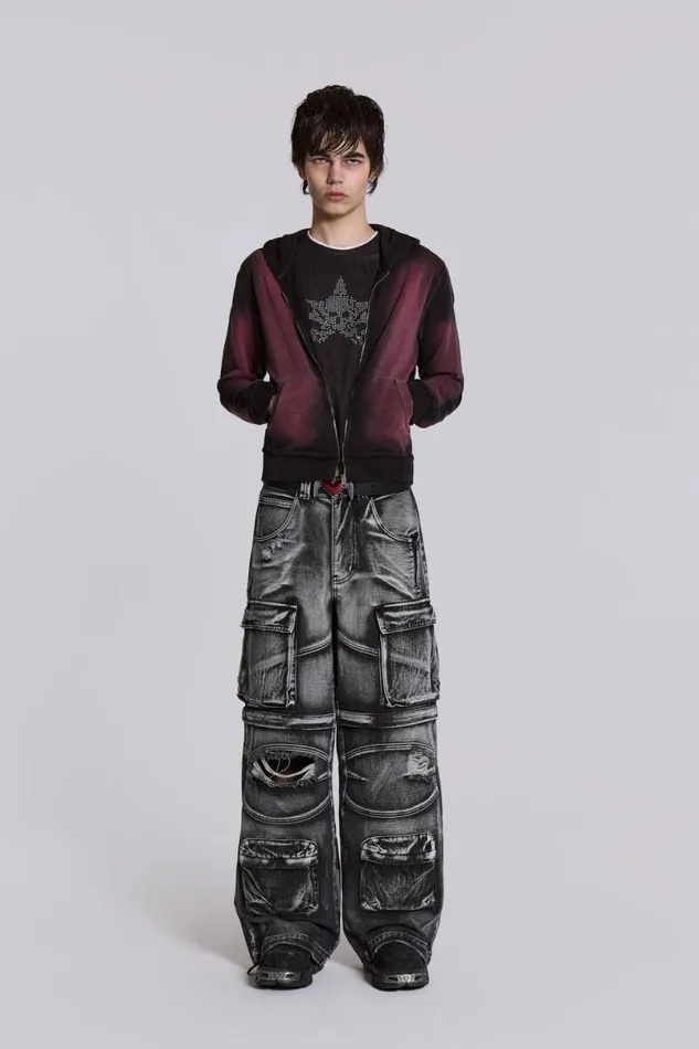 Jaded London Baggy Jeans Men Washed Black Apex Denim Cargos Black