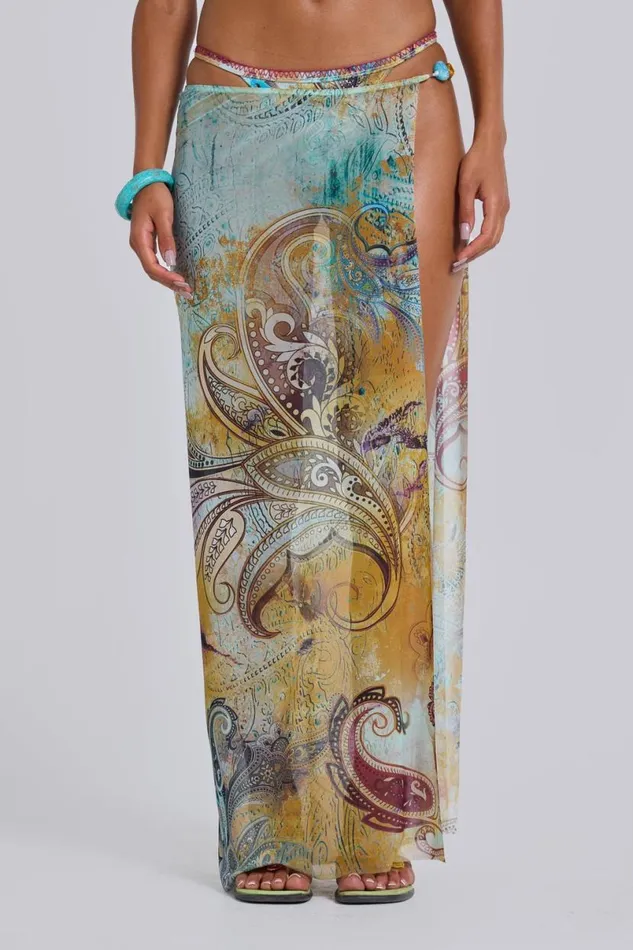 Jaded London Beach Skirts and Dresses Women Daria Mesh Maxi Sarong Skirt With Beaded Trim Multi