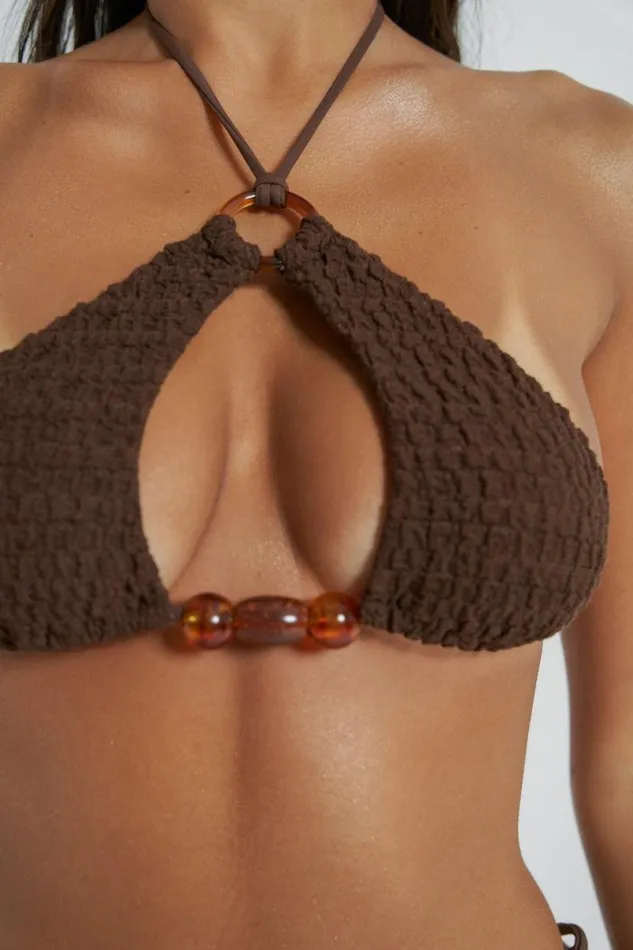 Jaded London Bikini Tops Women Poseidon Zig Zag Knit Halter Bikini Top Brown