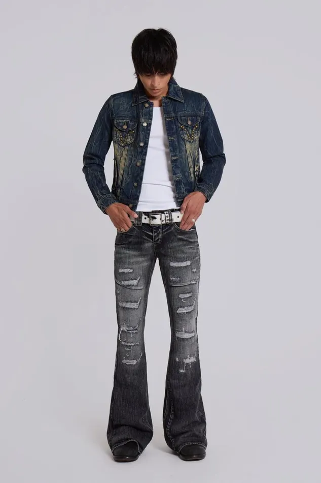 Jaded London Bootcut Jeans Men Washed Black Laced Bootcut Jeans Black