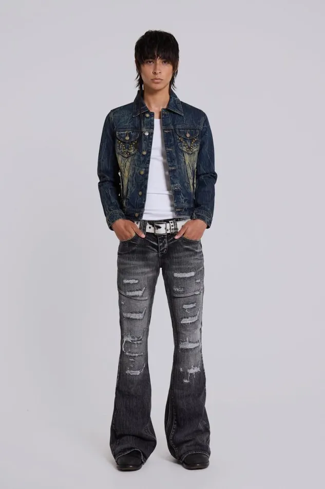 Jaded London Bootcut Jeans Men Washed Black Laced Bootcut Jeans Black