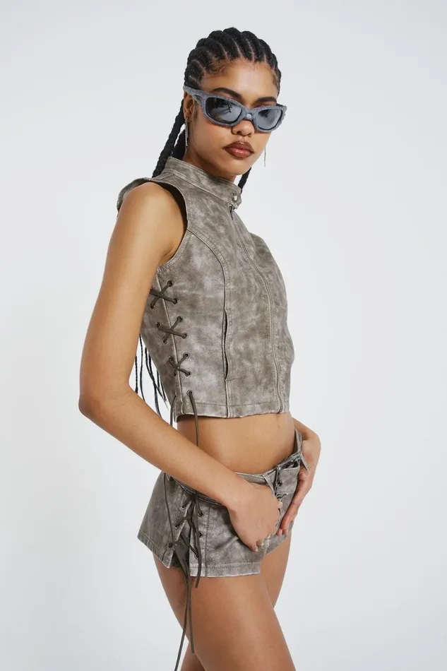 Jaded London CoOrds Women Steel Lace Up Side PU Hot Pants Grey