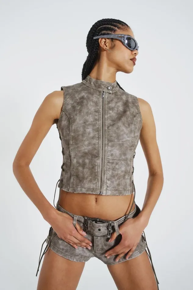 Jaded London CoOrds Women Steel Lace Up Side PU Hot Pants Grey