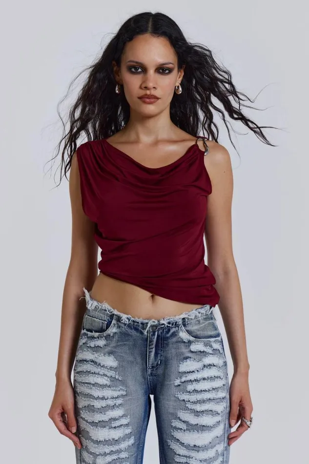 Jaded London Crop Tops Women Dare To Drape Top In Red Wine Burgundy