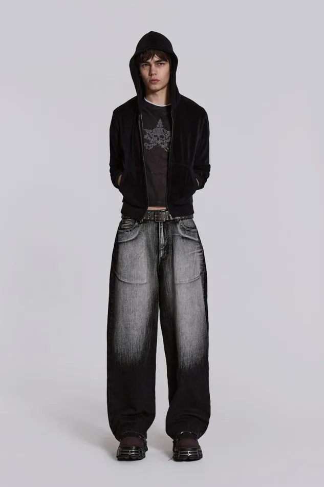 Jaded London Hoodies and Sweatshirts Men Black Velour Mini Monster Hoodie Black