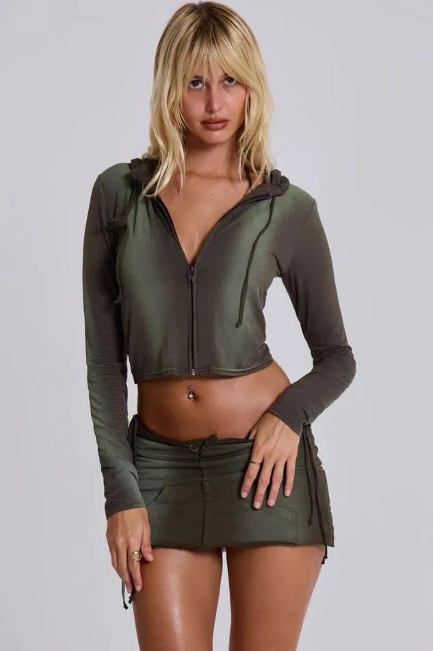 Jaded London Hoodies and Sweatshirts Women Tacha Zip Through Ombr Crop Hoodie Green