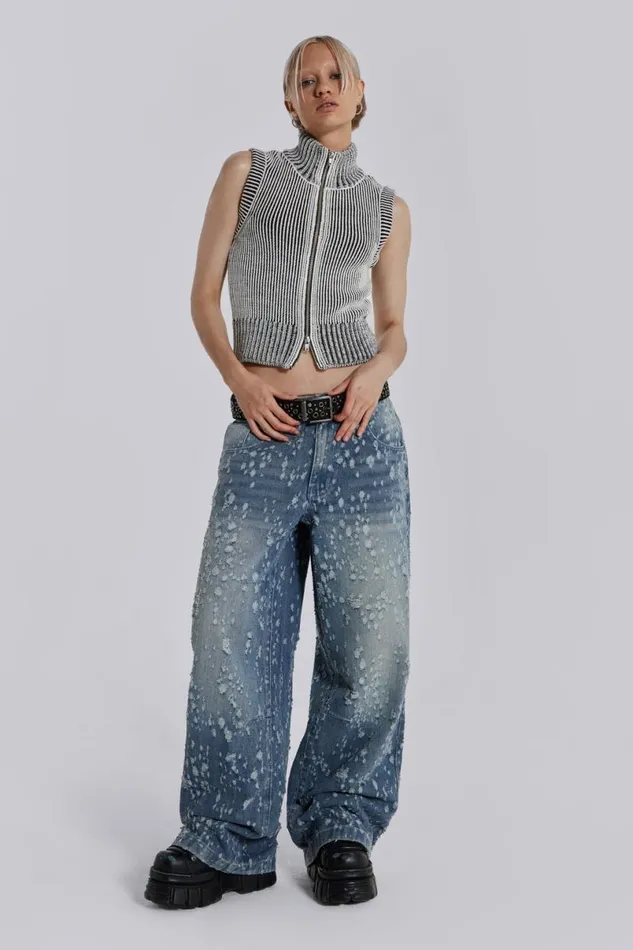 Jaded London Jeans Women Mid Blue Shredded Colossus Jeans Blue