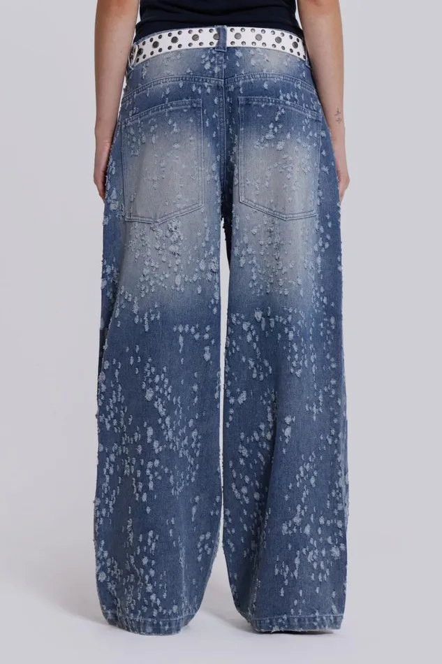 Jaded London Jeans Women Mid Blue Shredded Colossus Jeans Blue