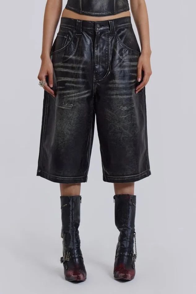 Jaded London Jorts and Shorts Men Ash Faux Leather Colossus Shorts Black