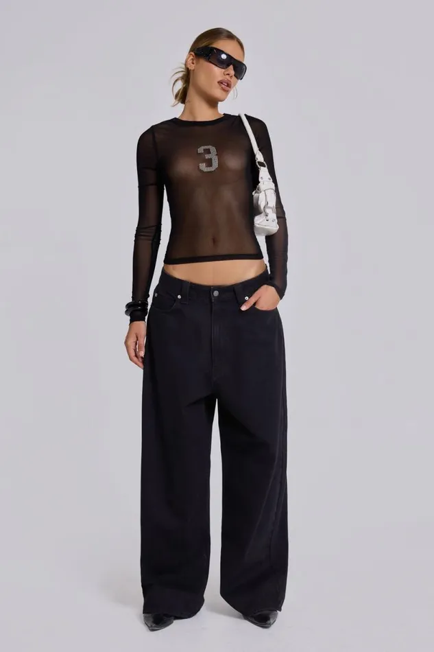 Jaded London Long Sleeve Tops Women 3S A Crowd Diamante Mesh Top Black