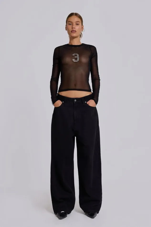 Jaded London Long Sleeve Tops Women 3S A Crowd Diamante Mesh Top Black