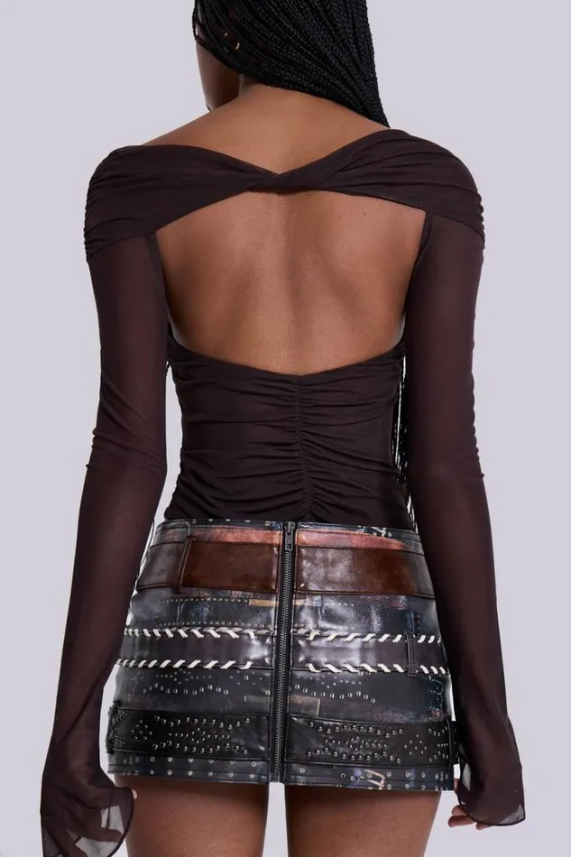 Jaded London Long Sleeve Tops Women Bianca Macrame Off Shoulder Mesh Top Brown