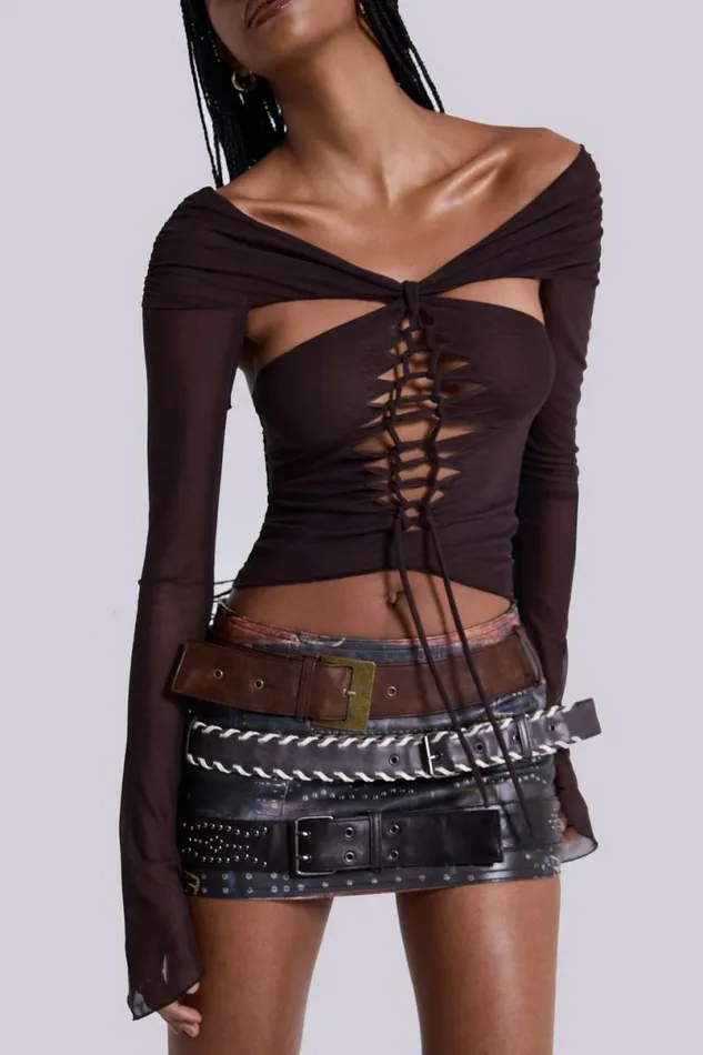 Jaded London Long Sleeve Tops Women Bianca Macrame Off Shoulder Mesh Top Brown