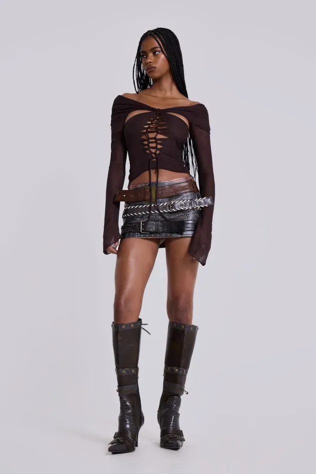 Jaded London Long Sleeve Tops Women Bianca Macrame Off Shoulder Mesh Top Brown