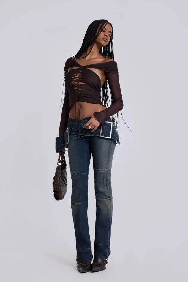 Jaded London Long Sleeve Tops Women Bianca Macrame Off Shoulder Mesh Top Brown