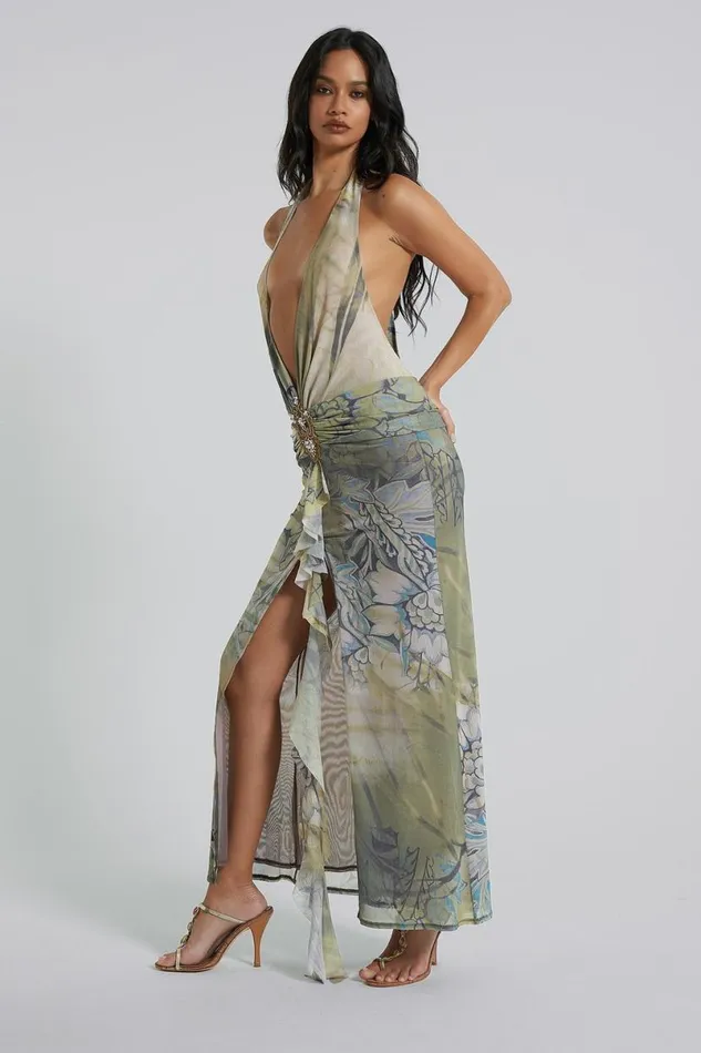 Jaded London Maxi Dresses Women Cindy Plunge Maxi Dress In Green Green